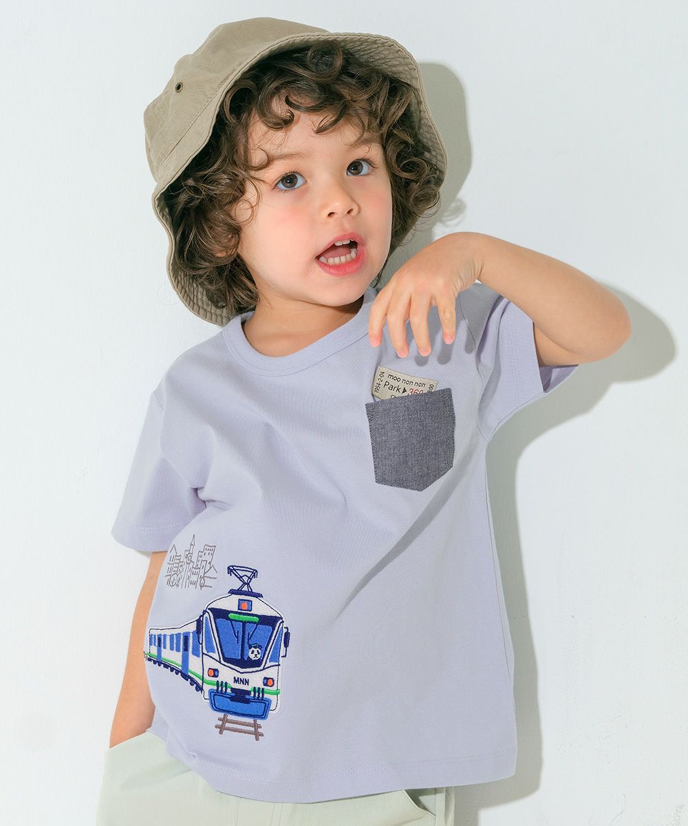 綿100％ 電車ワッペン刺繍Tシャツ Blue model image up