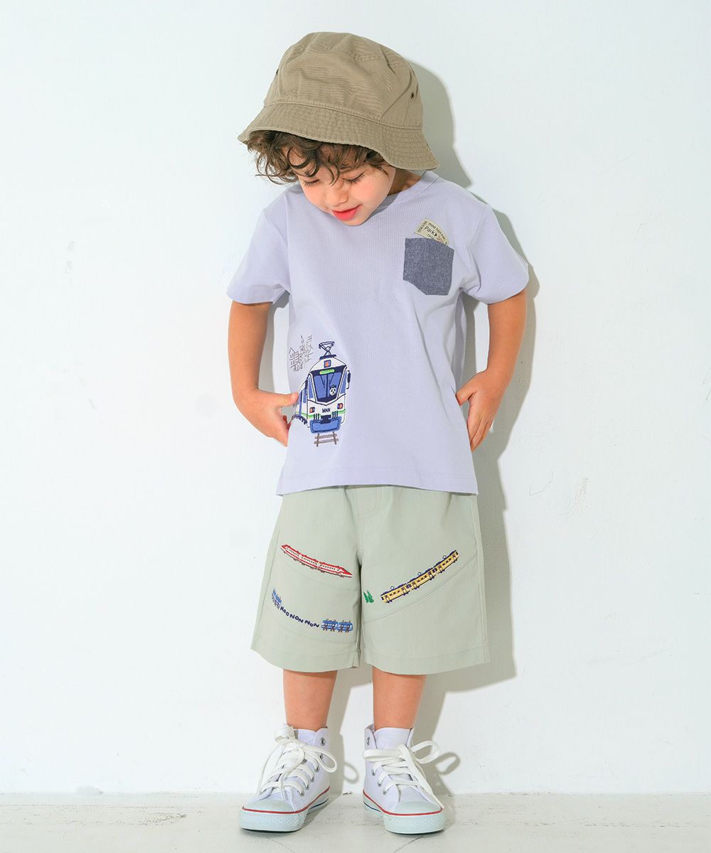 綿100％ 電車ワッペン刺繍Tシャツ Blue model image 2