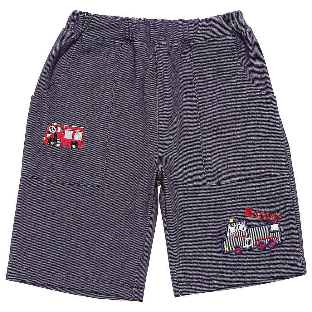 パンダ＆消防車刺繍 デニムツイルニットハーフパンツ Navy front