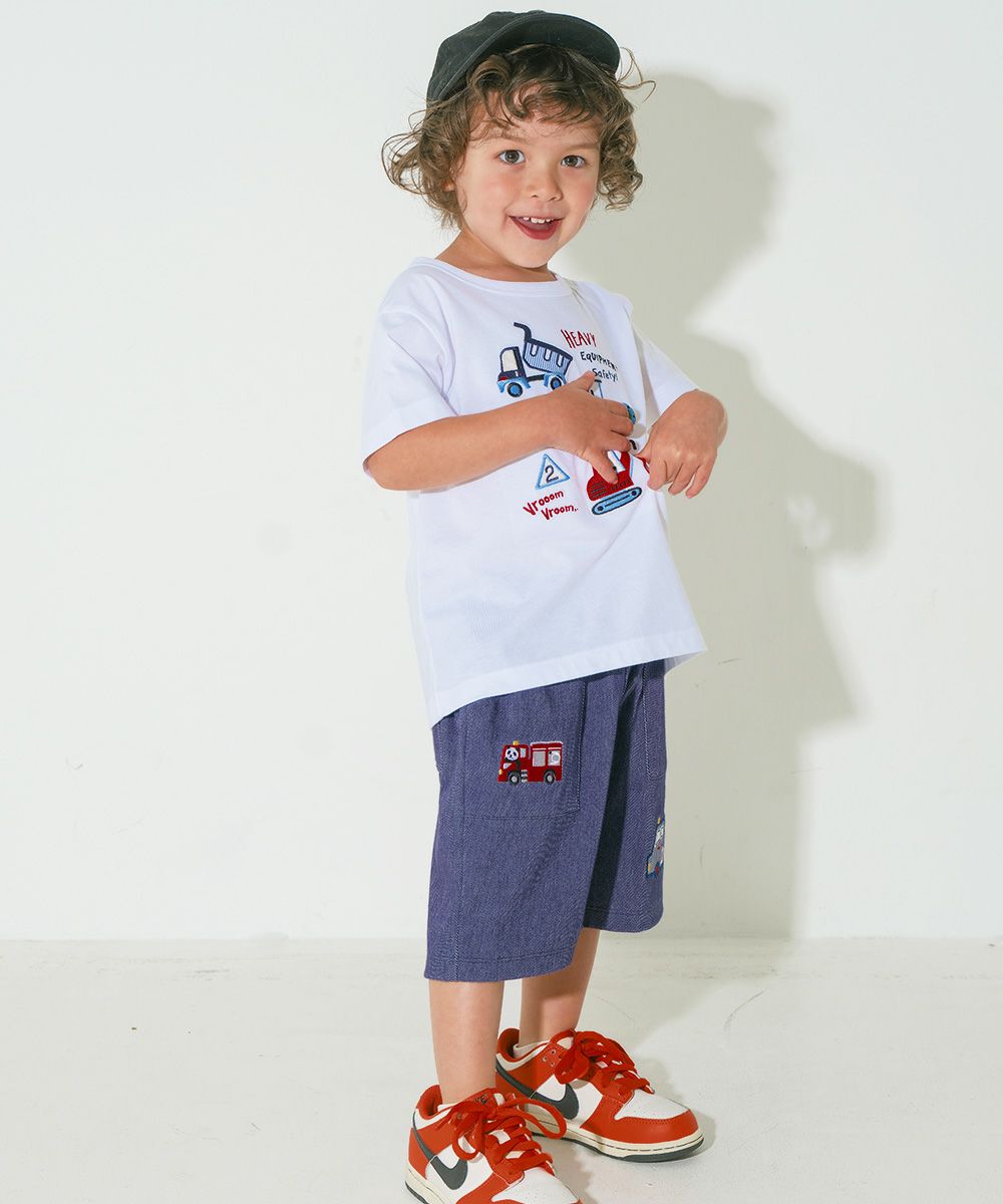 パンダ＆消防車刺繍 デニムツイルニットハーフパンツ Navy model image whole body