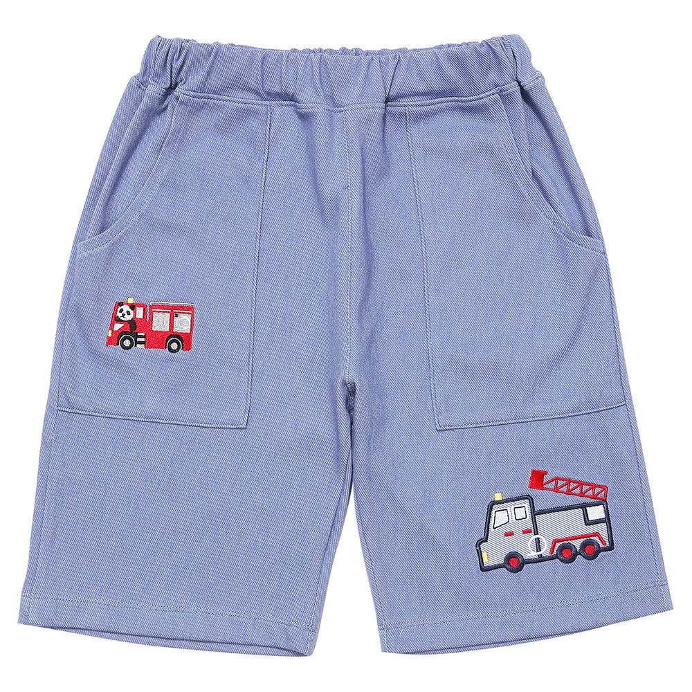 パンダ＆消防車刺繍 デニムツイルニットハーフパンツ Blue front
