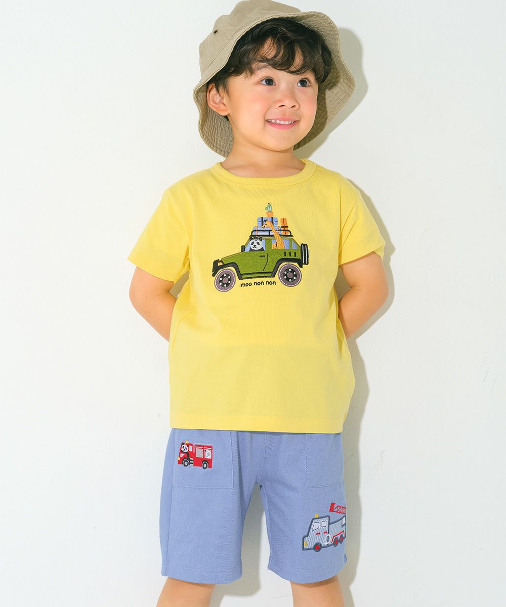 パンダ＆消防車刺繍 デニムツイルニットハーフパンツ Blue model image up