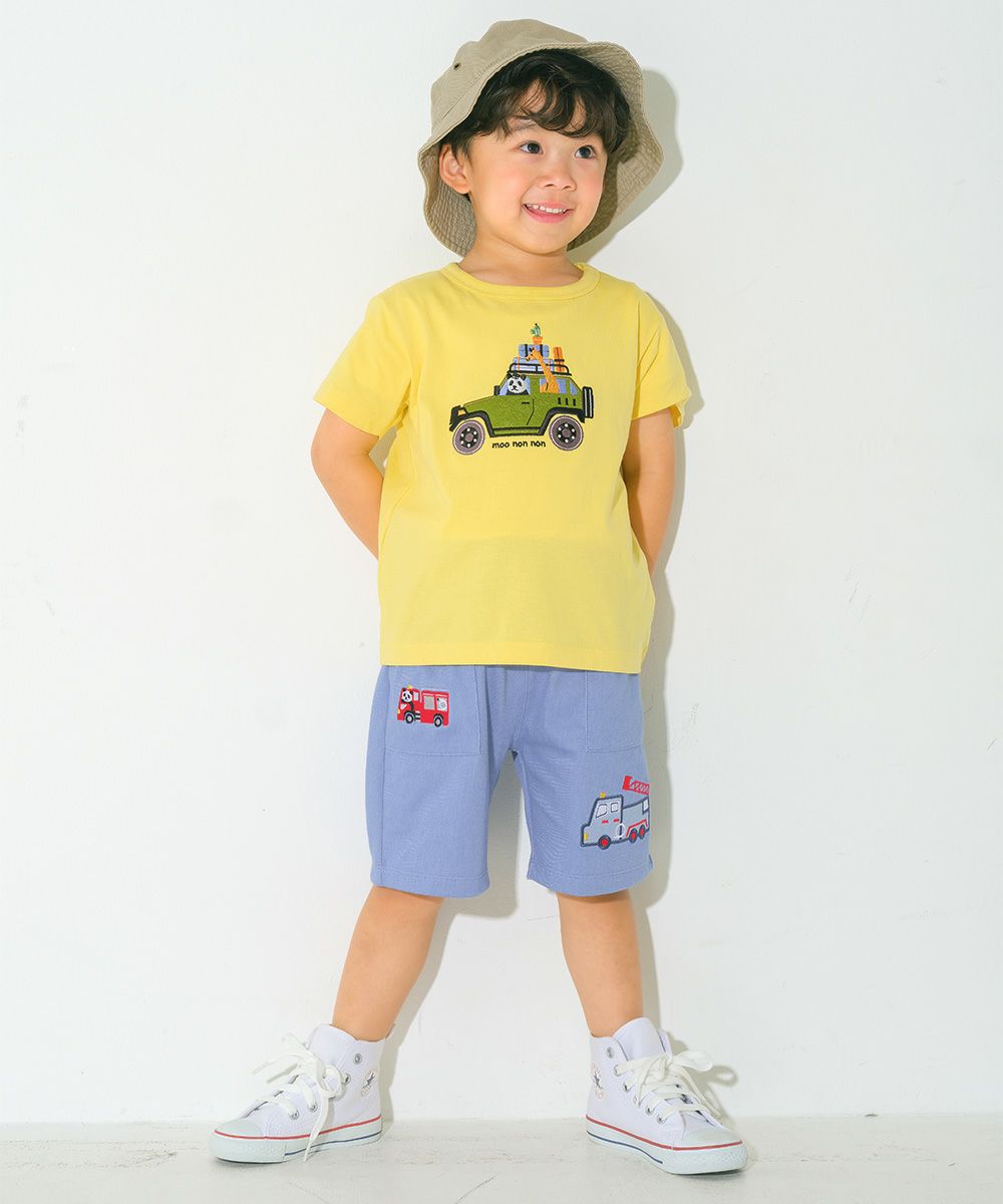 パンダ＆消防車刺繍 デニムツイルニットハーフパンツ Blue model image whole body