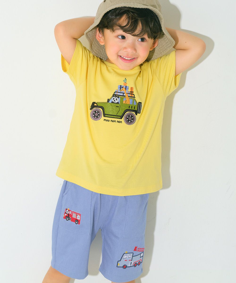 パンダ＆消防車刺繍 デニムツイルニットハーフパンツ Blue model image 1