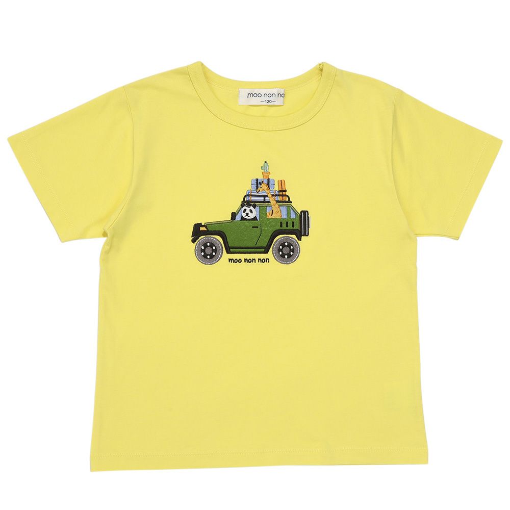 綿100％ 動物＆くるま刺繍 サファリカーTシャツ Yellow front