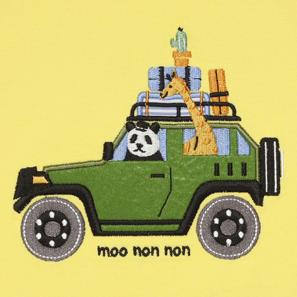 綿100％ 動物＆くるま刺繍 サファリカーTシャツ Yellow Design point 1