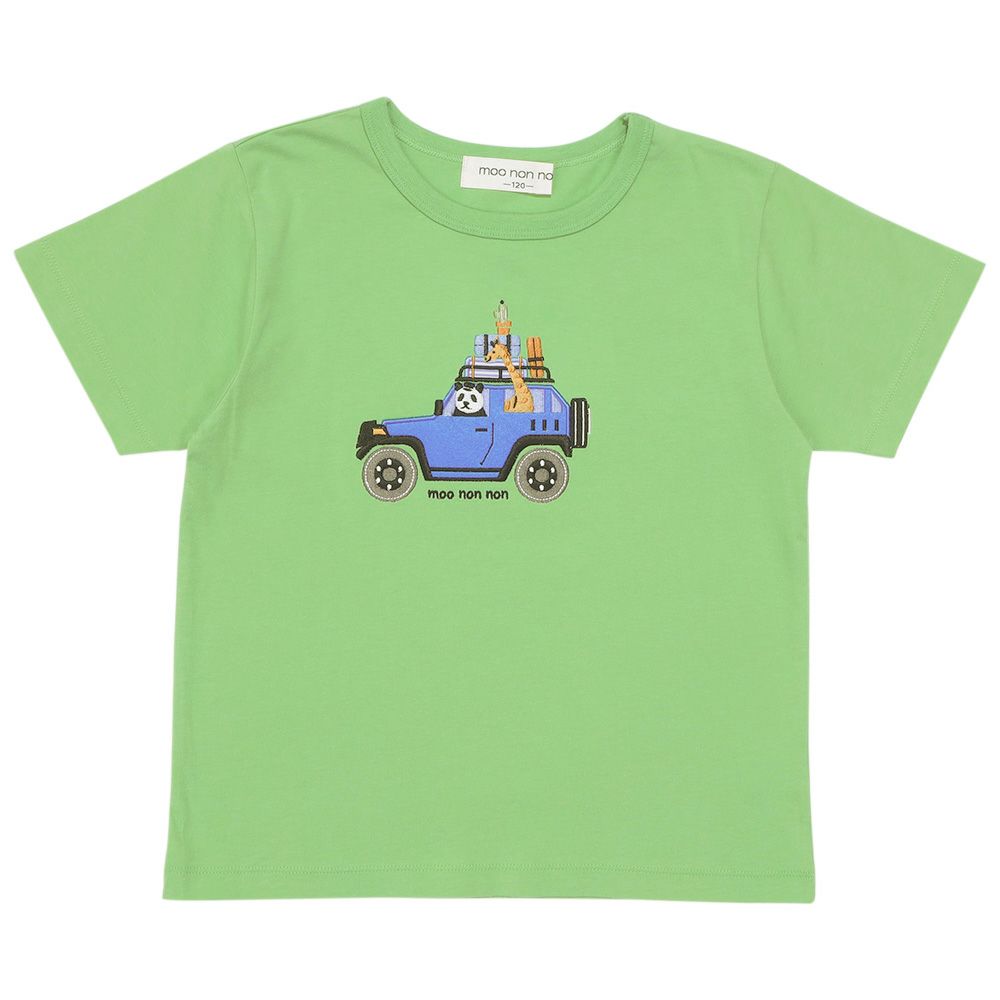 綿100％ 動物＆くるま刺繍 サファリカーTシャツ Green front