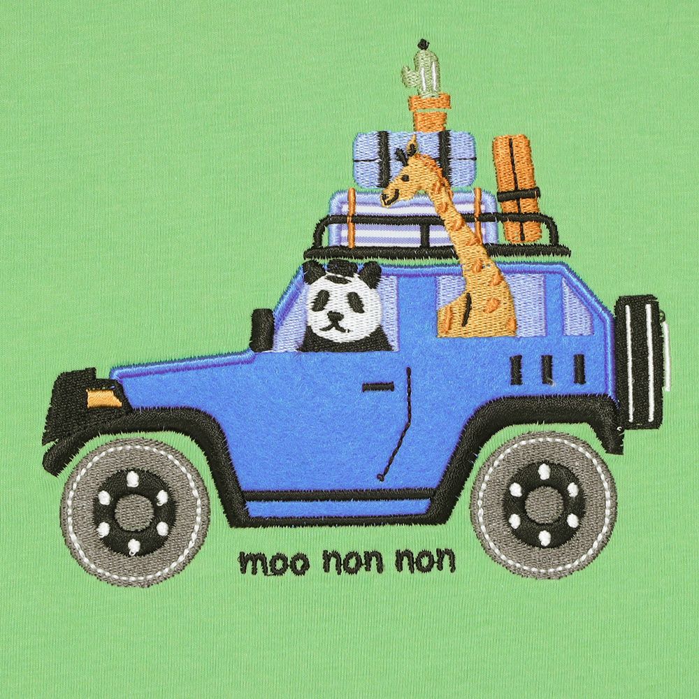綿100％ 動物＆くるま刺繍 サファリカーTシャツ Green Design point 1