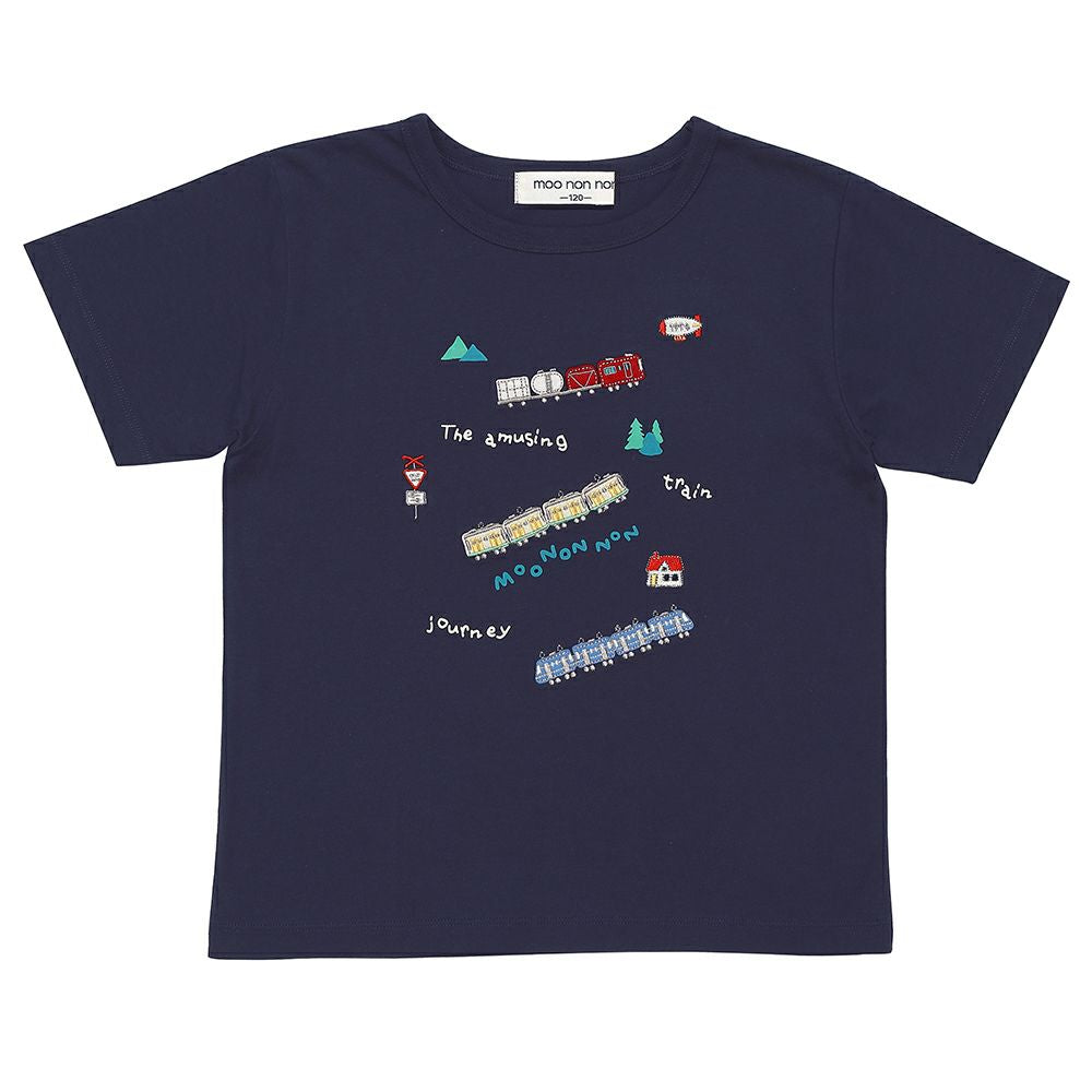 綿100％ 電車 ロゴ 刺繍 Tシャツ Navy front