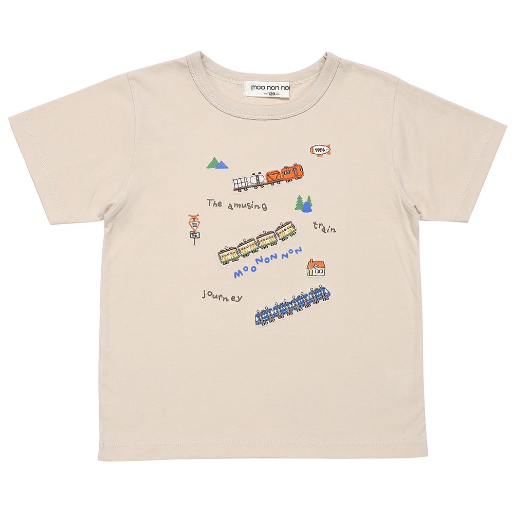 綿100％ 電車 ロゴ 刺繍 Tシャツ Beige front