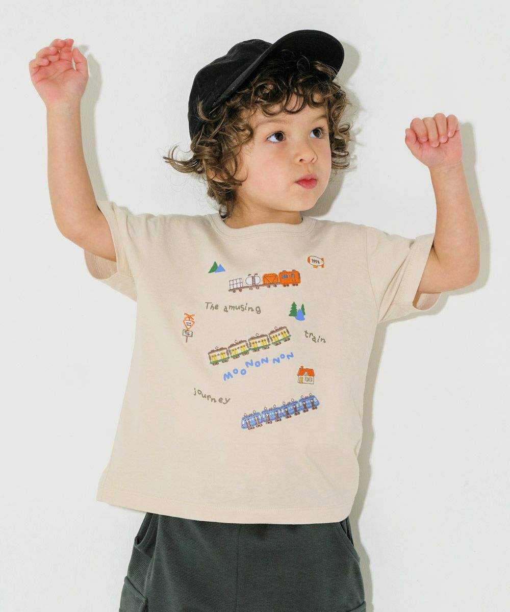 綿100％ 電車 ロゴ 刺繍 Tシャツ Beige model image up