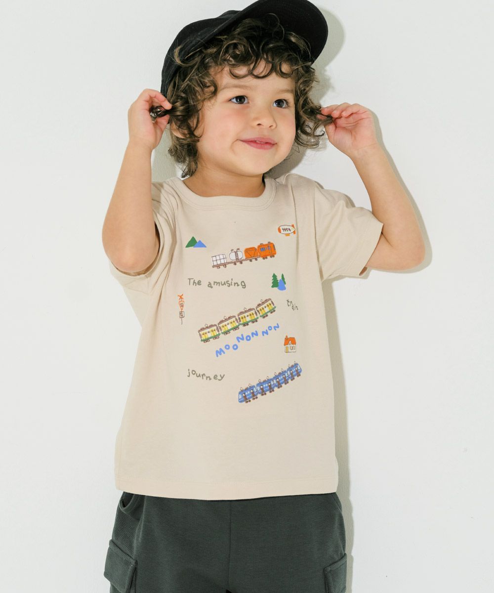 綿100％ 電車 ロゴ 刺繍 Tシャツ Beige model image 1