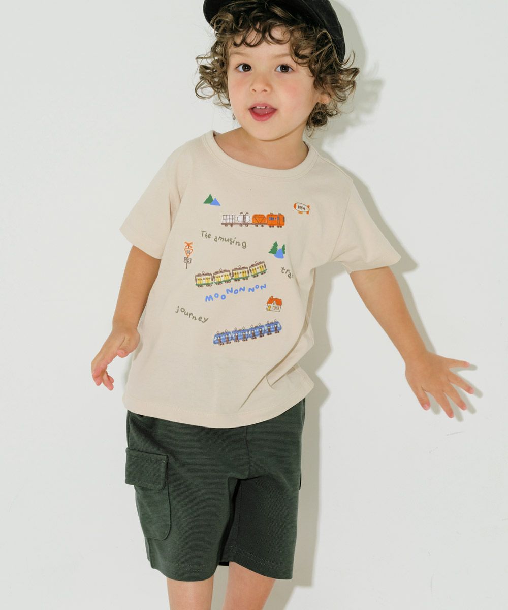 綿100％ 電車 ロゴ 刺繍 Tシャツ Beige model image 2