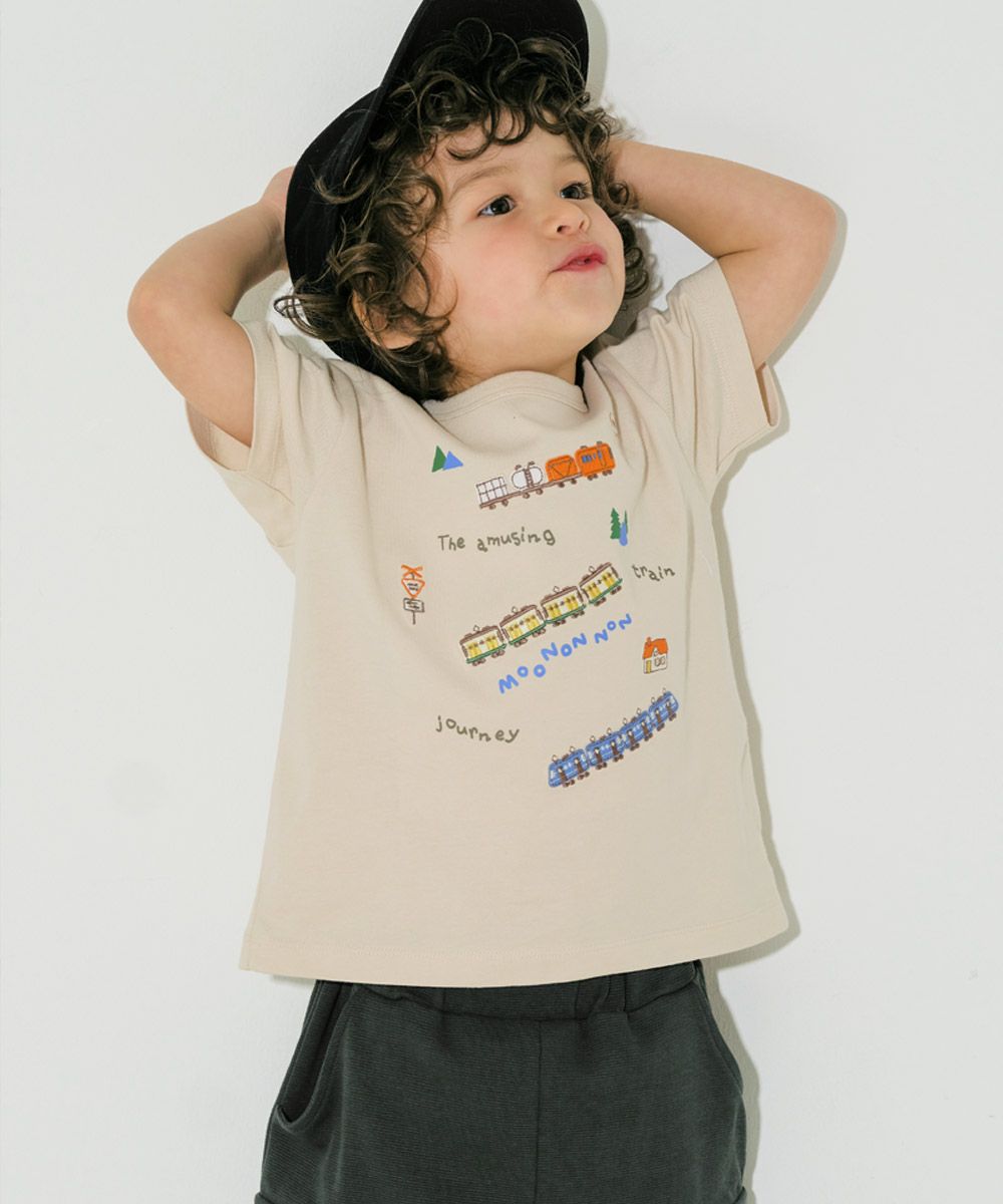 綿100％ 電車 ロゴ 刺繍 Tシャツ Beige model image 3
