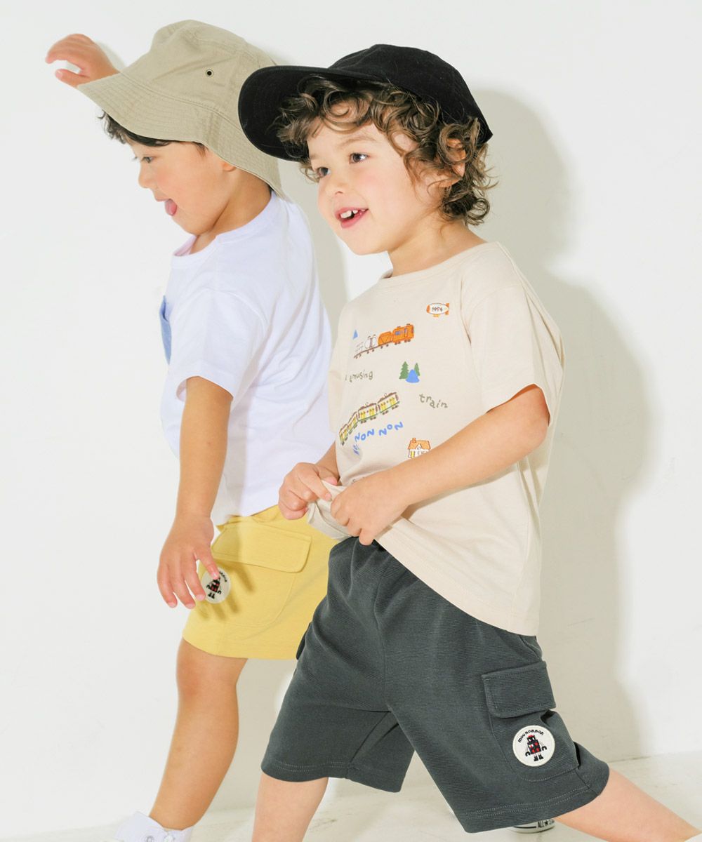 綿100％ 電車 ロゴ 刺繍 Tシャツ Beige model image 4