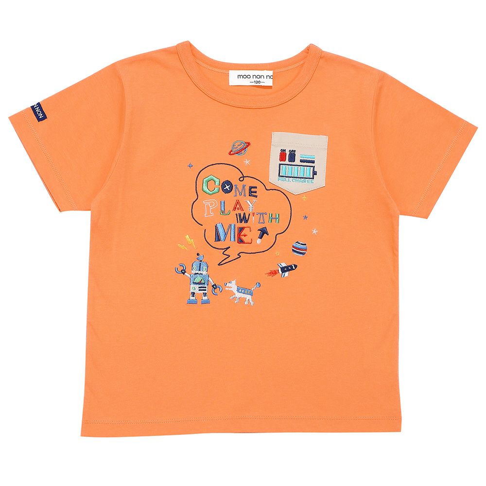 綿100％ ロボット ロゴ 刺繍 ポケット付き　Tシャツ Orange front