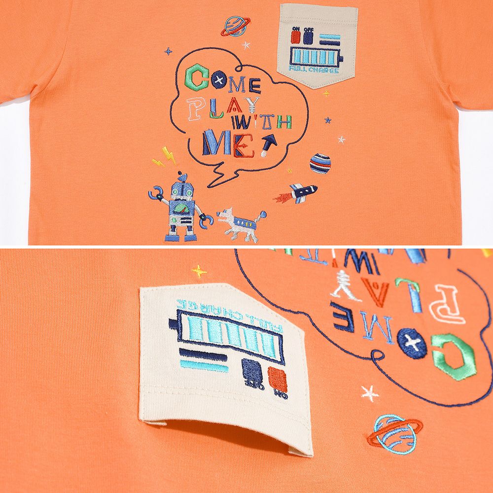 綿100％ ロボット ロゴ 刺繍 ポケット付き　Tシャツ Orange Design point 1