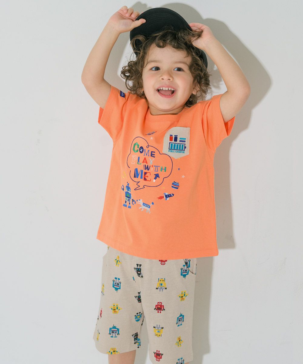綿100％ ロボット ロゴ 刺繍 ポケット付き　Tシャツ Orange model image up