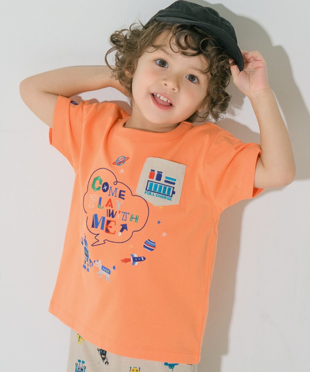 綿100％ ロボット ロゴ 刺繍 ポケット付き　Tシャツ Orange model image 1