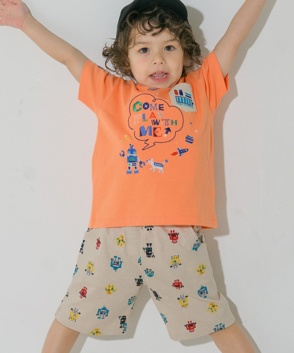 綿100％ ロボット ロゴ 刺繍 ポケット付き　Tシャツ Orange model image 2
