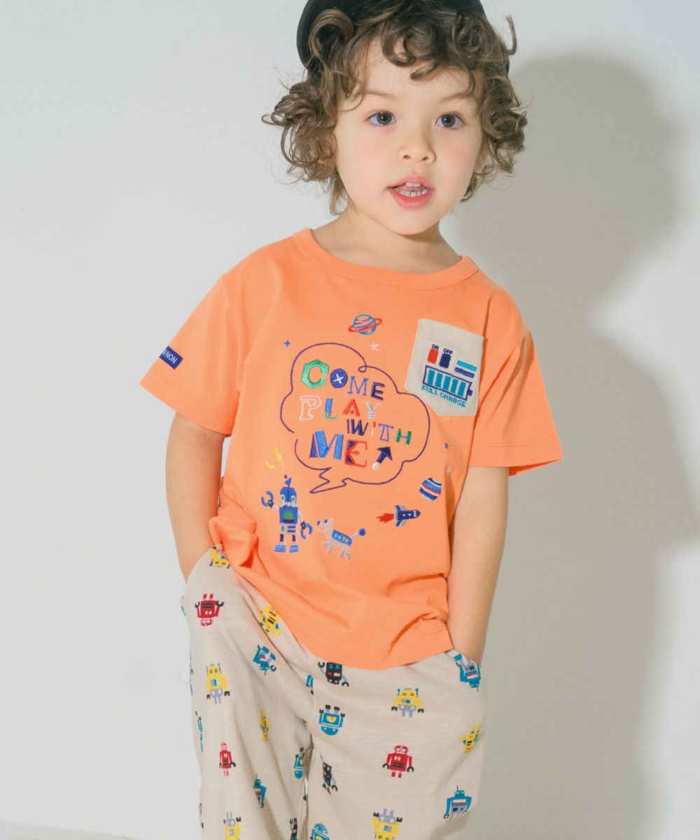 綿100％ ロボット ロゴ 刺繍 ポケット付き　Tシャツ Orange model image 3