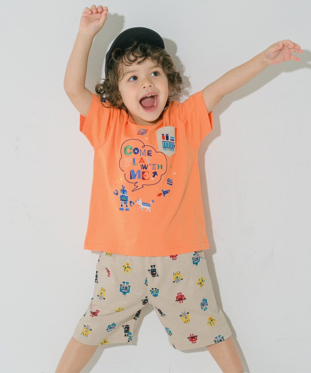 綿100％ ロボット ロゴ 刺繍 ポケット付き　Tシャツ Orange model image 4