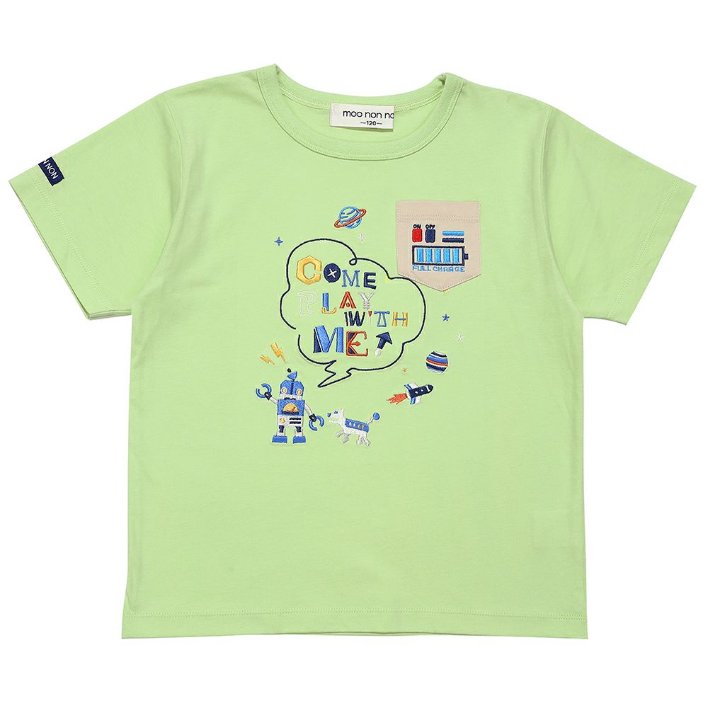 綿100％ ロボット ロゴ 刺繍 ポケット付き　Tシャツ Green front