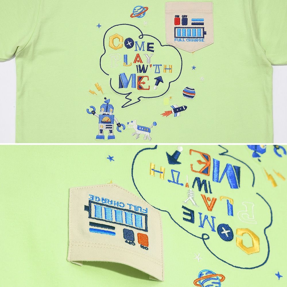 綿100％ ロボット ロゴ 刺繍 ポケット付き　Tシャツ Green Design point 1