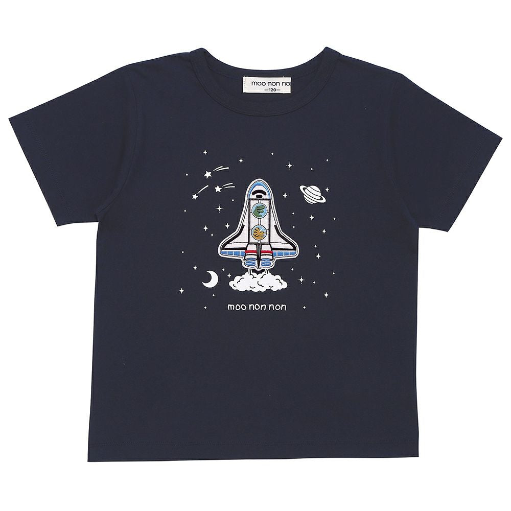 綿100％ スペースシャトル ワッペン 恐竜刺繍 Tシャツ Navy front