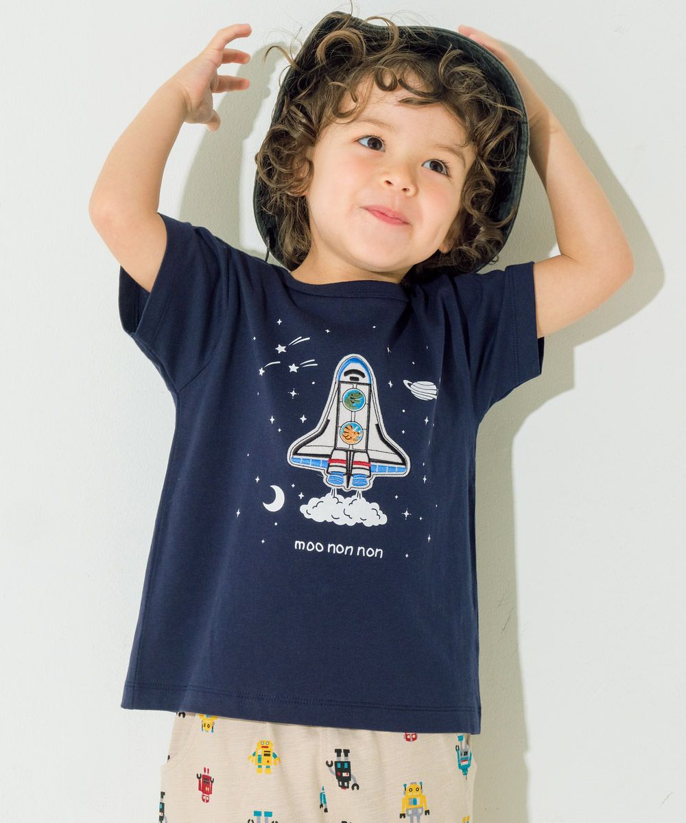 綿100％ スペースシャトル ワッペン 恐竜刺繍 Tシャツ Navy model image up