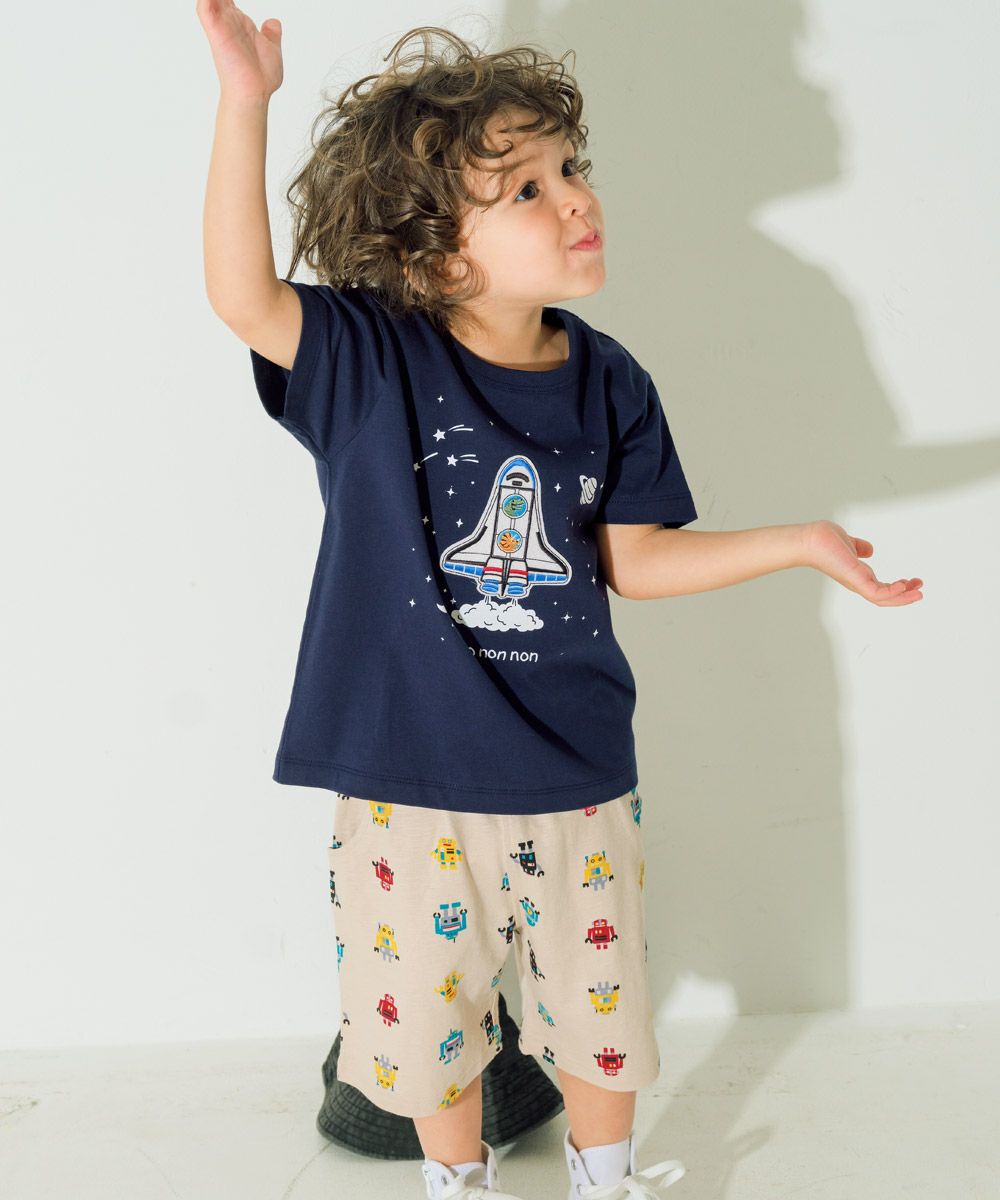 綿100％ スペースシャトル ワッペン 恐竜刺繍 Tシャツ Navy model image whole body