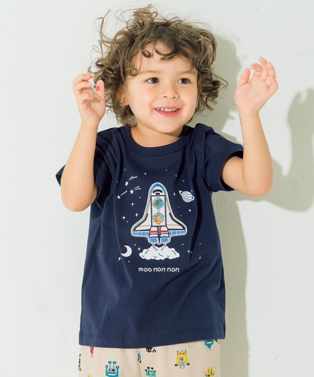 綿100％ スペースシャトル ワッペン 恐竜刺繍 Tシャツ Navy model image 1