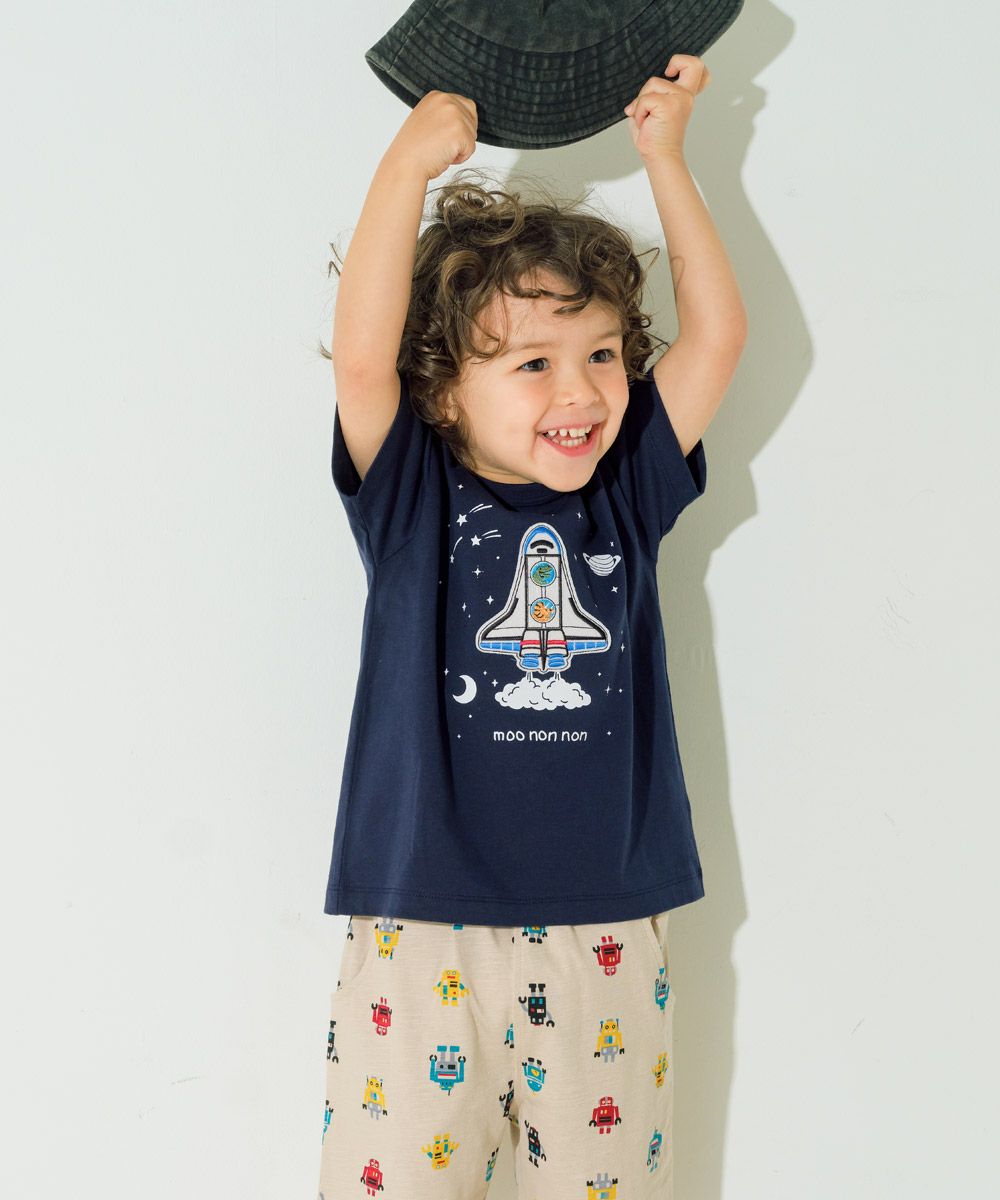 綿100％ スペースシャトル ワッペン 恐竜刺繍 Tシャツ Navy model image 2