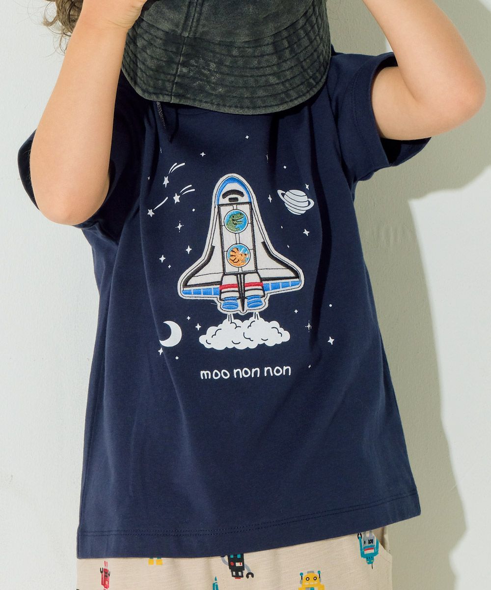 綿100％ スペースシャトル ワッペン 恐竜刺繍 Tシャツ Navy model image 3