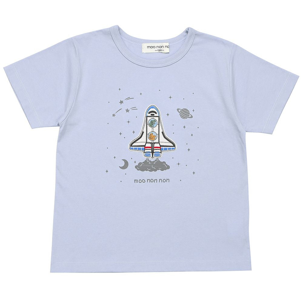 綿100％ スペースシャトル ワッペン 恐竜刺繍 Tシャツ Blue front