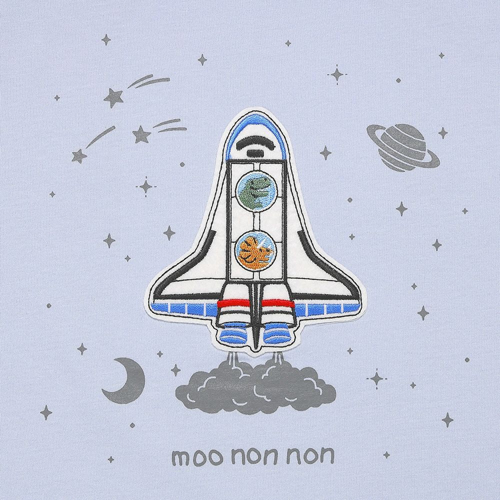 綿100％ スペースシャトル ワッペン 恐竜刺繍 Tシャツ Blue Design point 1
