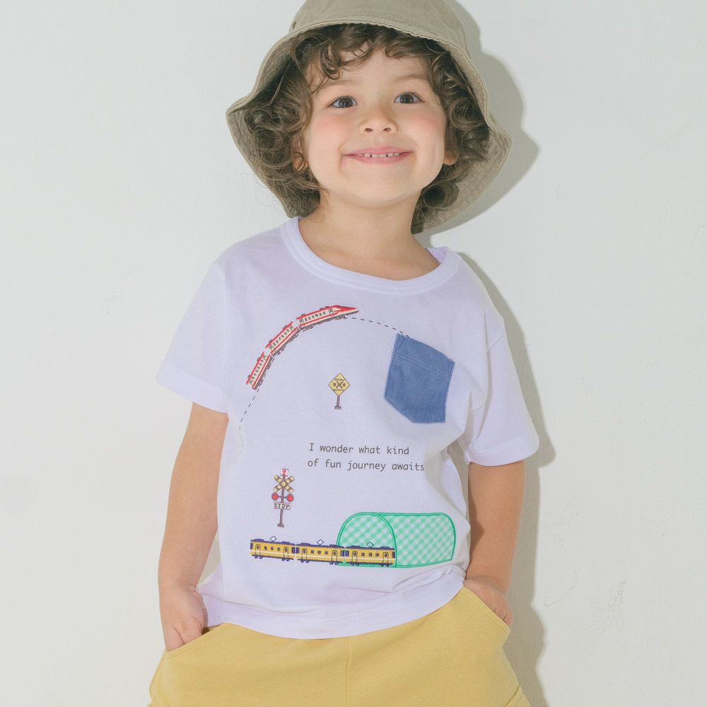 綿100％ 電車刺繍 ポケットつき 乗り物Tシャツ  MainImage