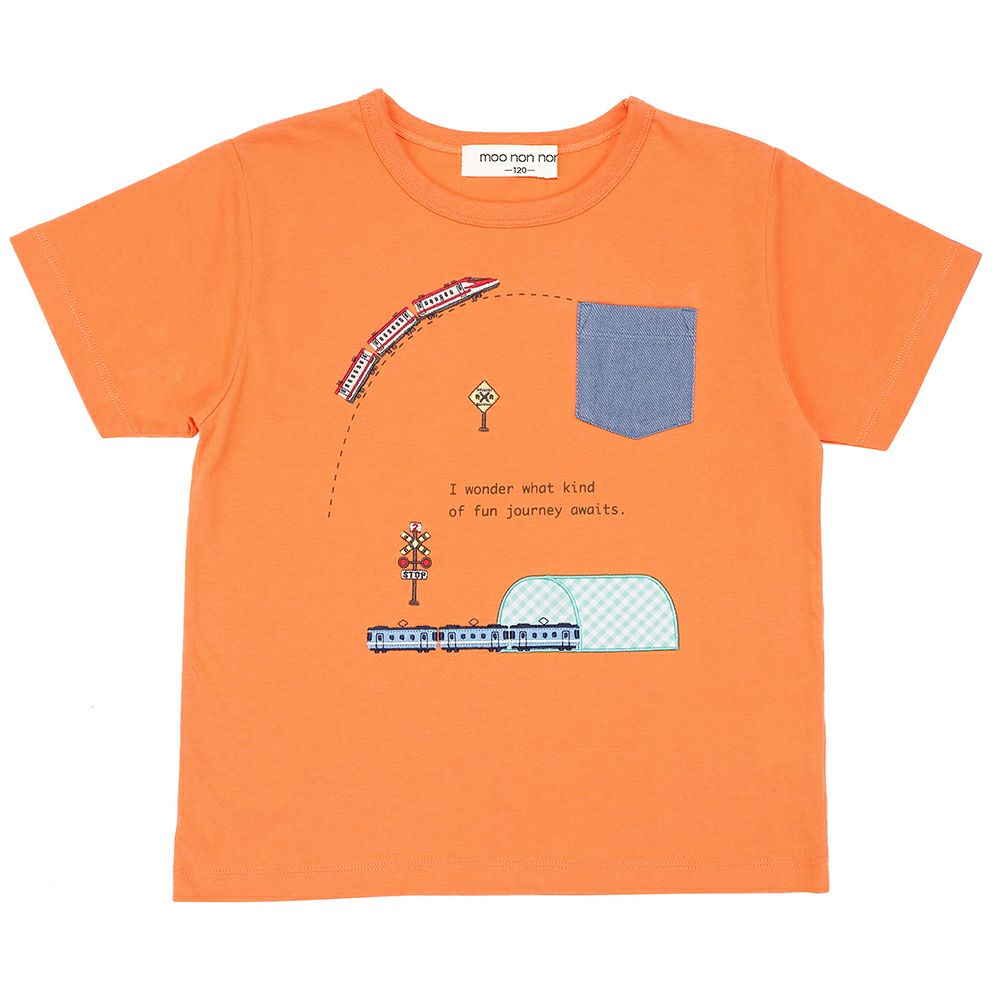 綿100％ 電車刺繍 ポケットつき 乗り物Tシャツ Orange front