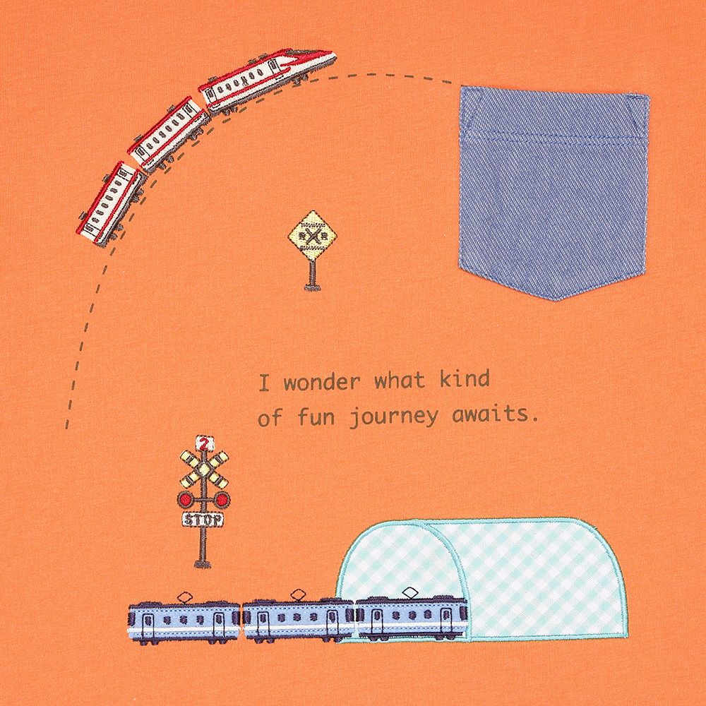綿100％ 電車刺繍 ポケットつき 乗り物Tシャツ Orange Design point 1