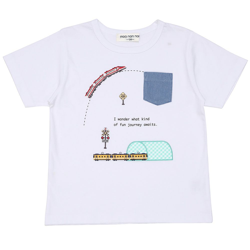 綿100％ 電車刺繍 ポケットつき 乗り物Tシャツ Off White front