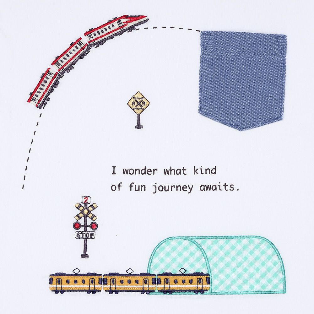 綿100％ 電車刺繍 ポケットつき 乗り物Tシャツ Off White Design point 1