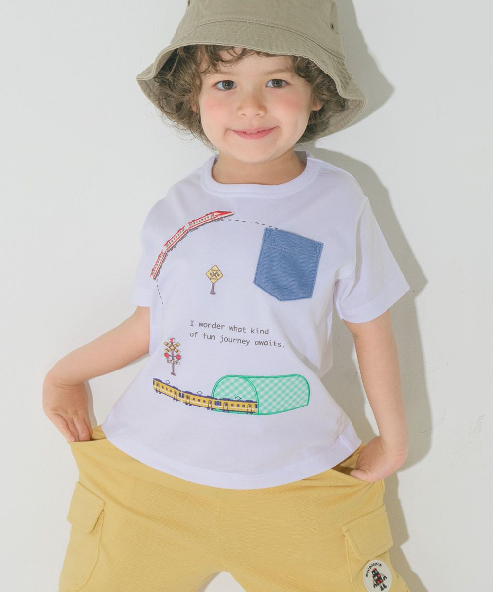 綿100％ 電車刺繍 ポケットつき 乗り物Tシャツ Off White model image up