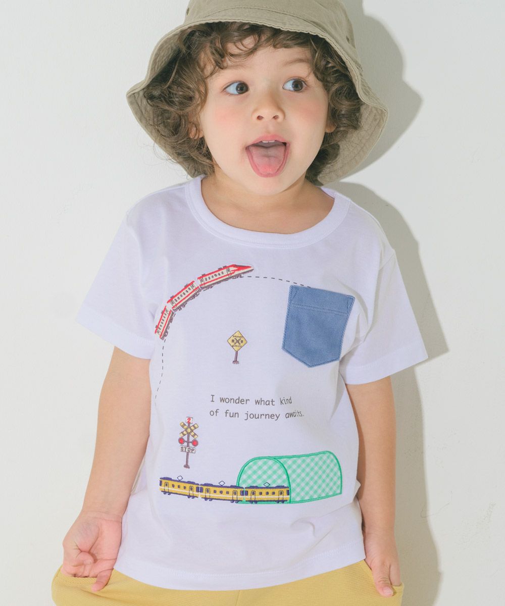 綿100％ 電車刺繍 ポケットつき 乗り物Tシャツ Off White model image 1