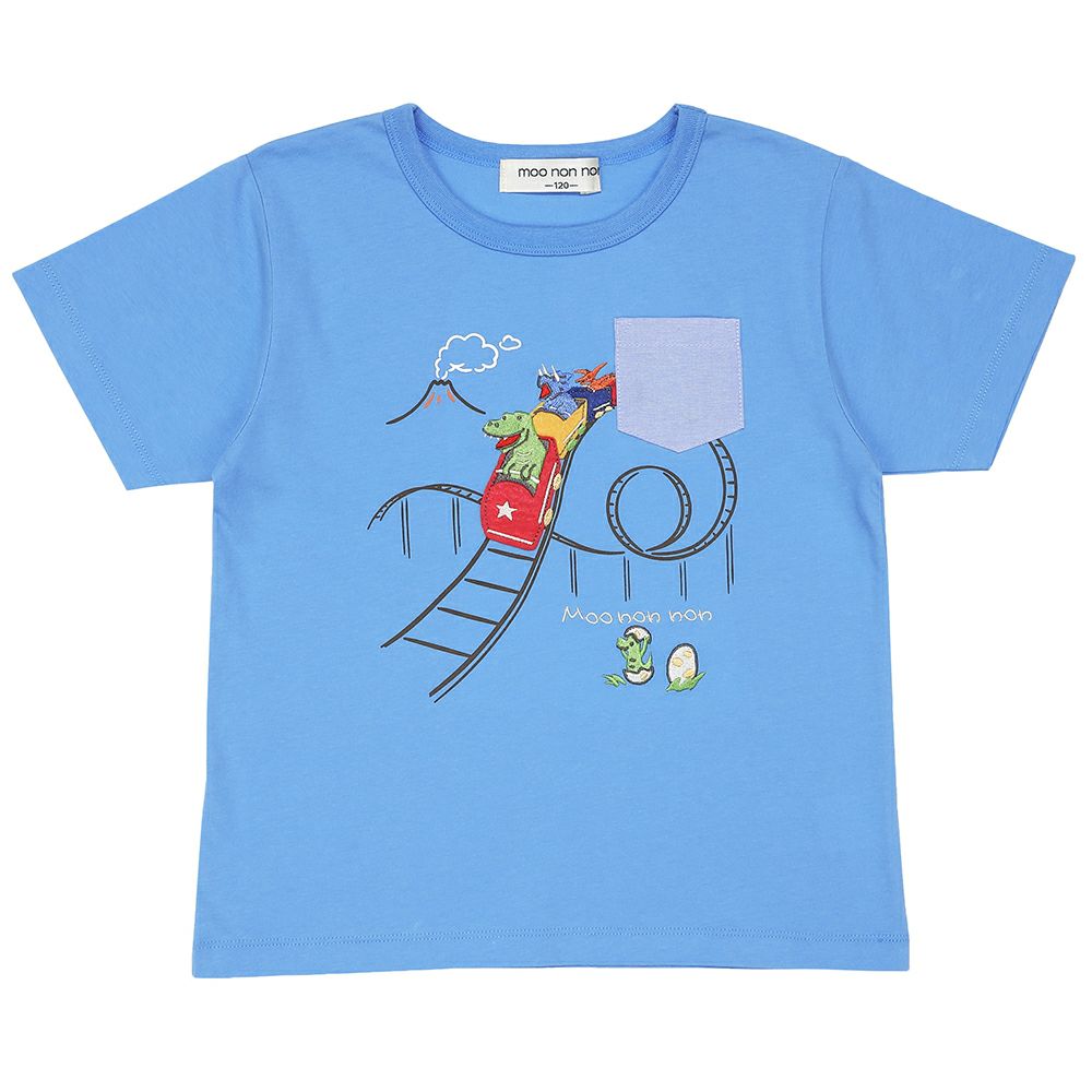 綿100％ 遊園地 恐竜刺繍 Tシャツ Blue front