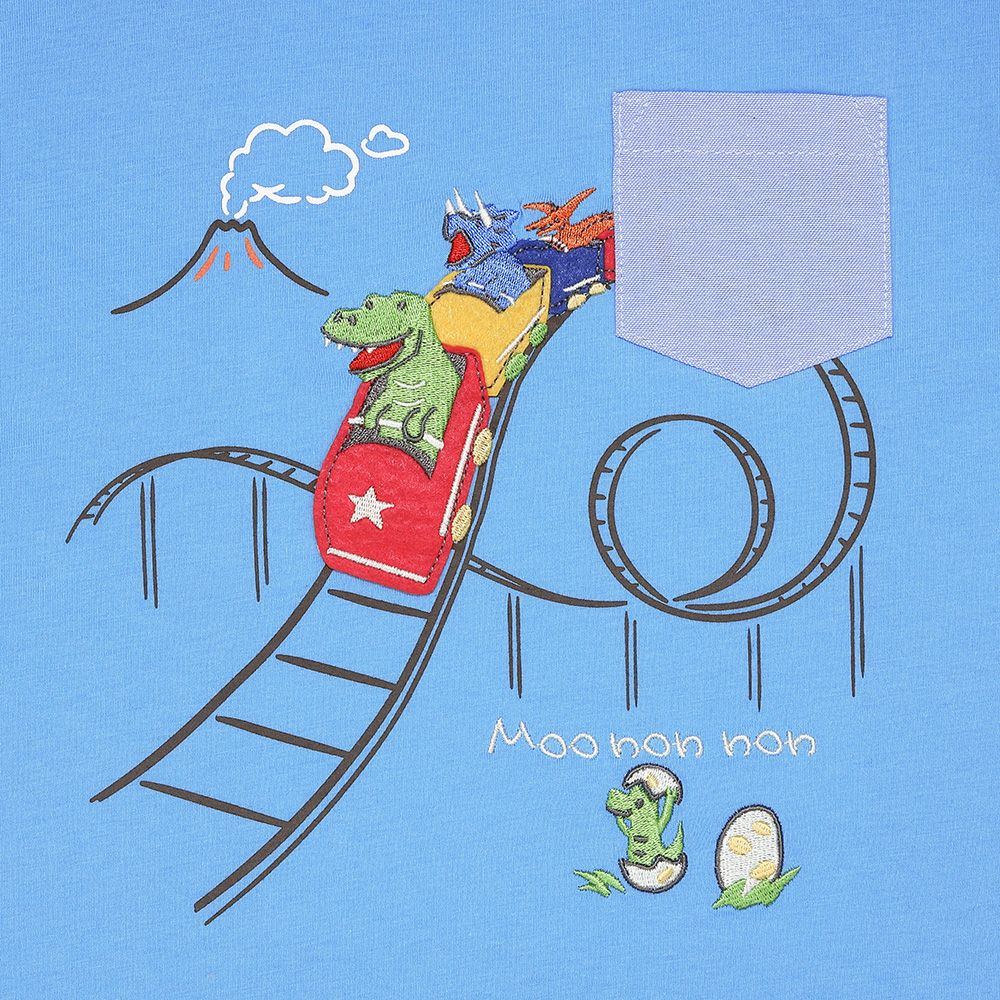 綿100％ 遊園地 恐竜刺繍 Tシャツ Blue Design point 1