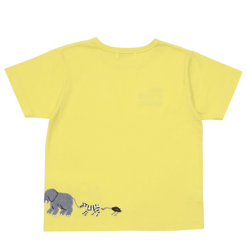 綿100％ ショベルカー＆動物ワッペン ロゴ刺繍 Tシャツ Yellow back