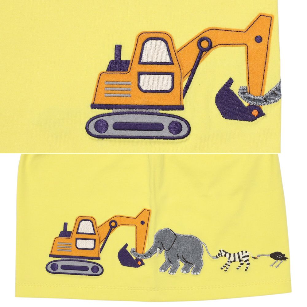 綿100％ ショベルカー＆動物ワッペン ロゴ刺繍 Tシャツ Yellow Design point 1