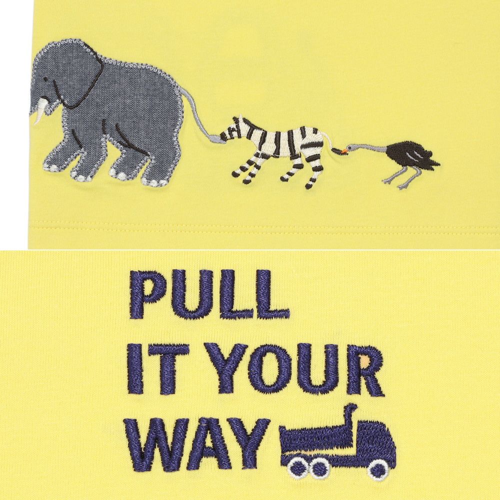 綿100％ ショベルカー＆動物ワッペン ロゴ刺繍 Tシャツ Yellow Design point 2