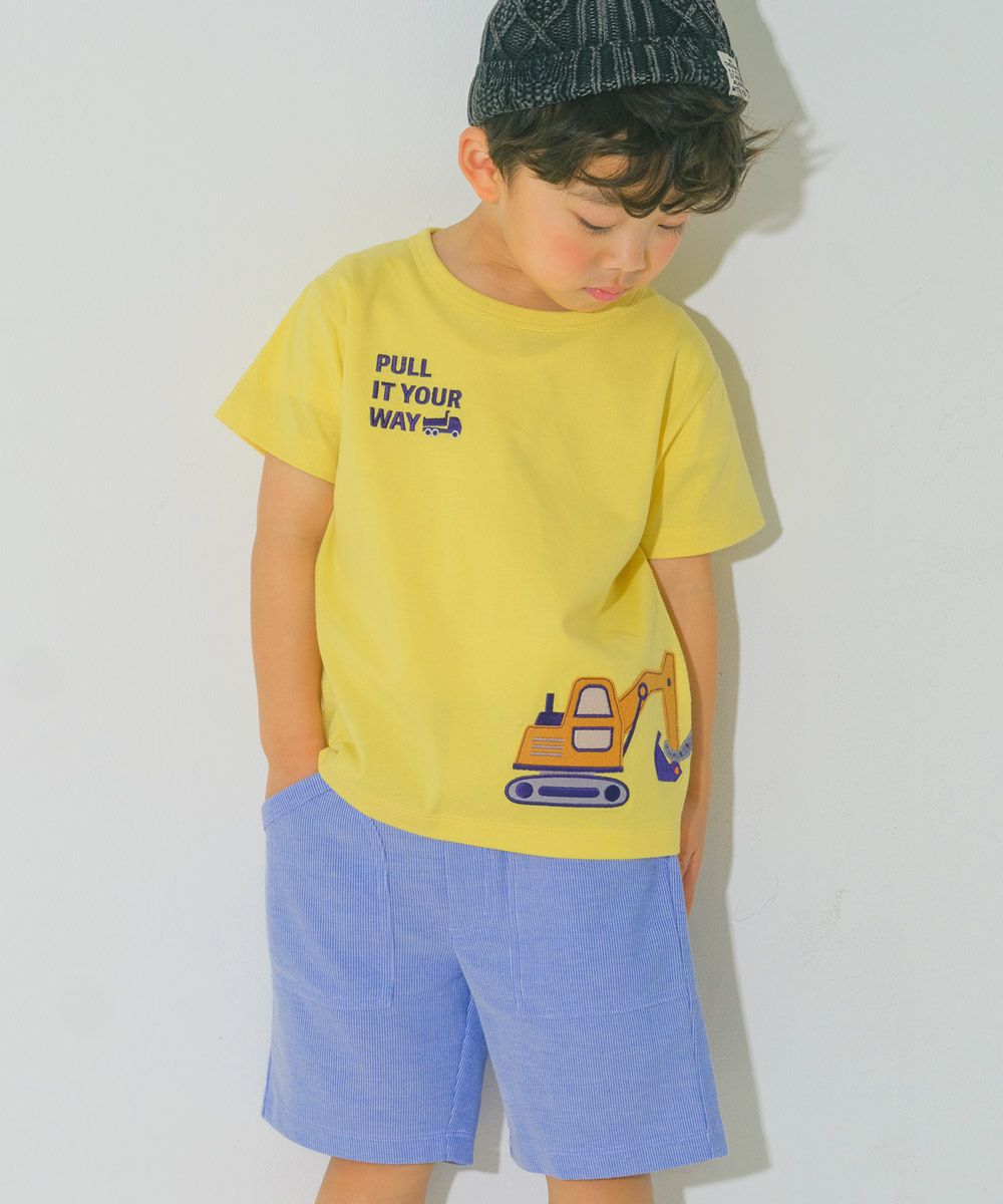 綿100％ ショベルカー＆動物ワッペン ロゴ刺繍 Tシャツ Yellow model image up