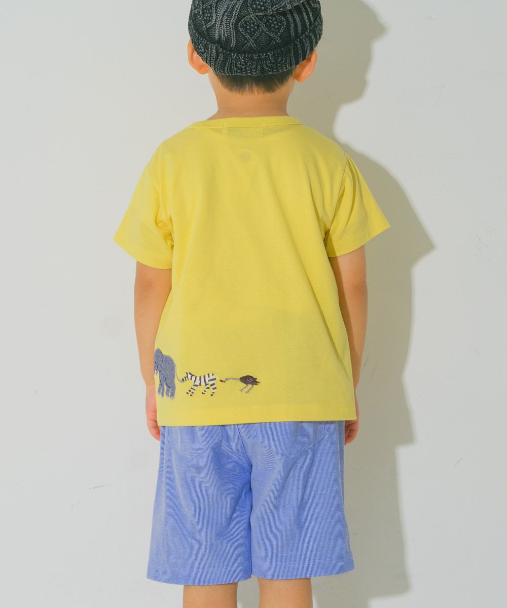 綿100％ ショベルカー＆動物ワッペン ロゴ刺繍 Tシャツ Yellow model image whole body
